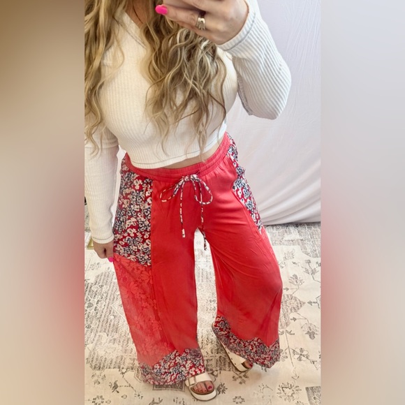 NWT POL Clothing Tomato Contrast Lace Boho Print Drawstring Wide Leg Pants - Picture 5 of 5